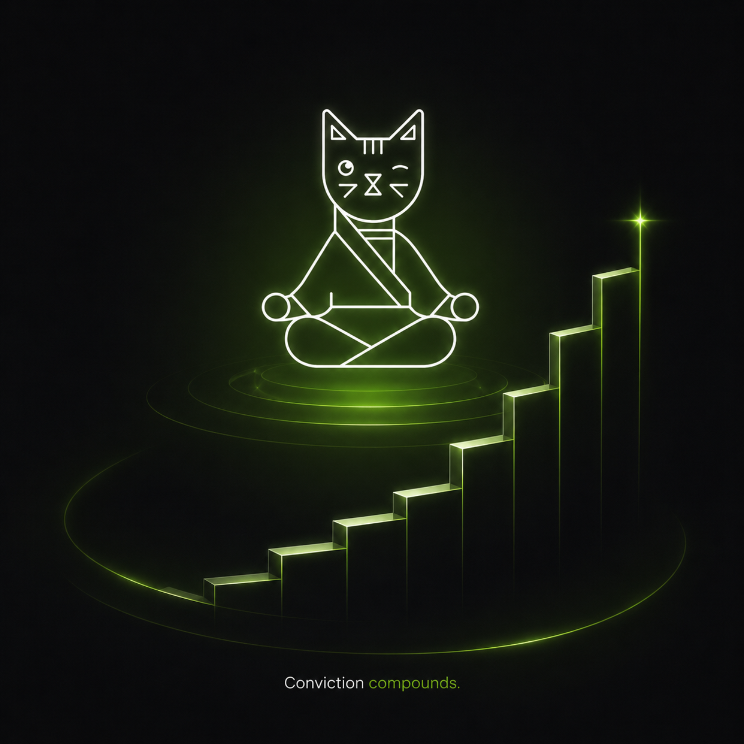 Meditating Winkcat above ascending bars; conviction compounds